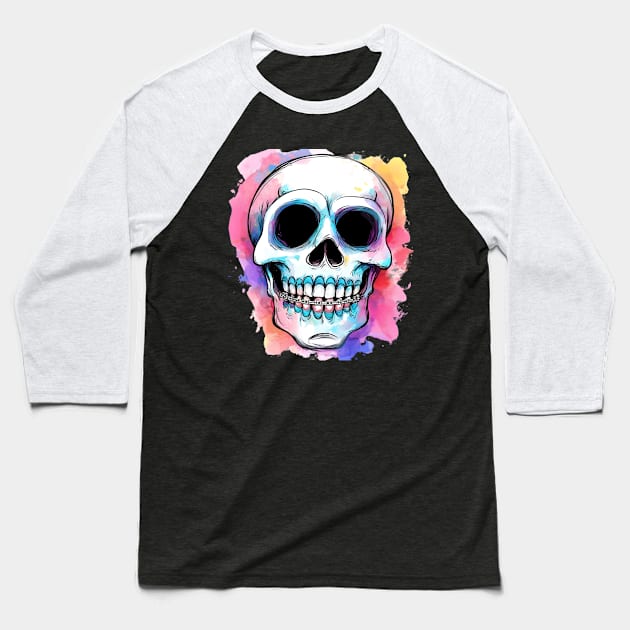 Smiling Skull with Braces | T Shirt Design Baseball T-Shirt by artprint.ink